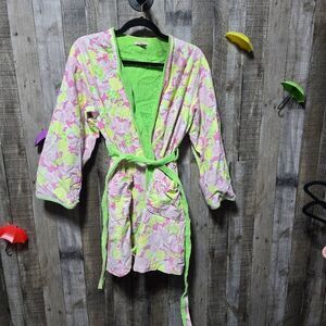 Lilly Pulitzer Robe Terrycloth-Lined w/Tie Pink Green White Floral Medium M